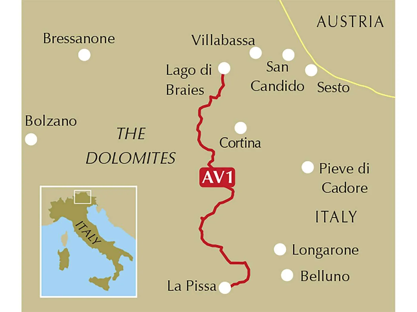 Carte trek Alta Via 1 - Extrait du livre Alta Via 1 trek carte dans les Dolomites