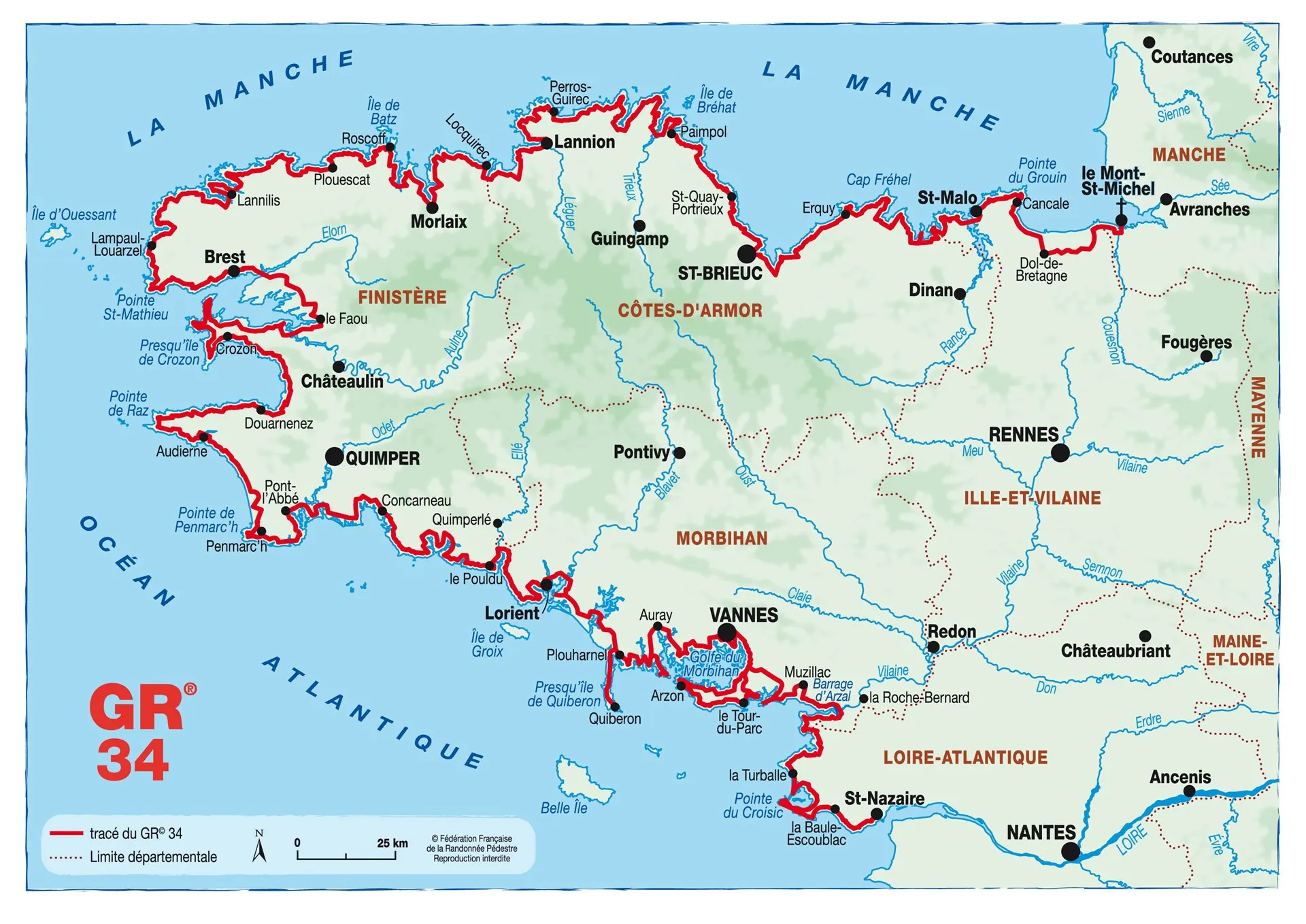 Carte de la Bretagne - GR34 - extrait de FFRandonnée Carte de la Bretagne