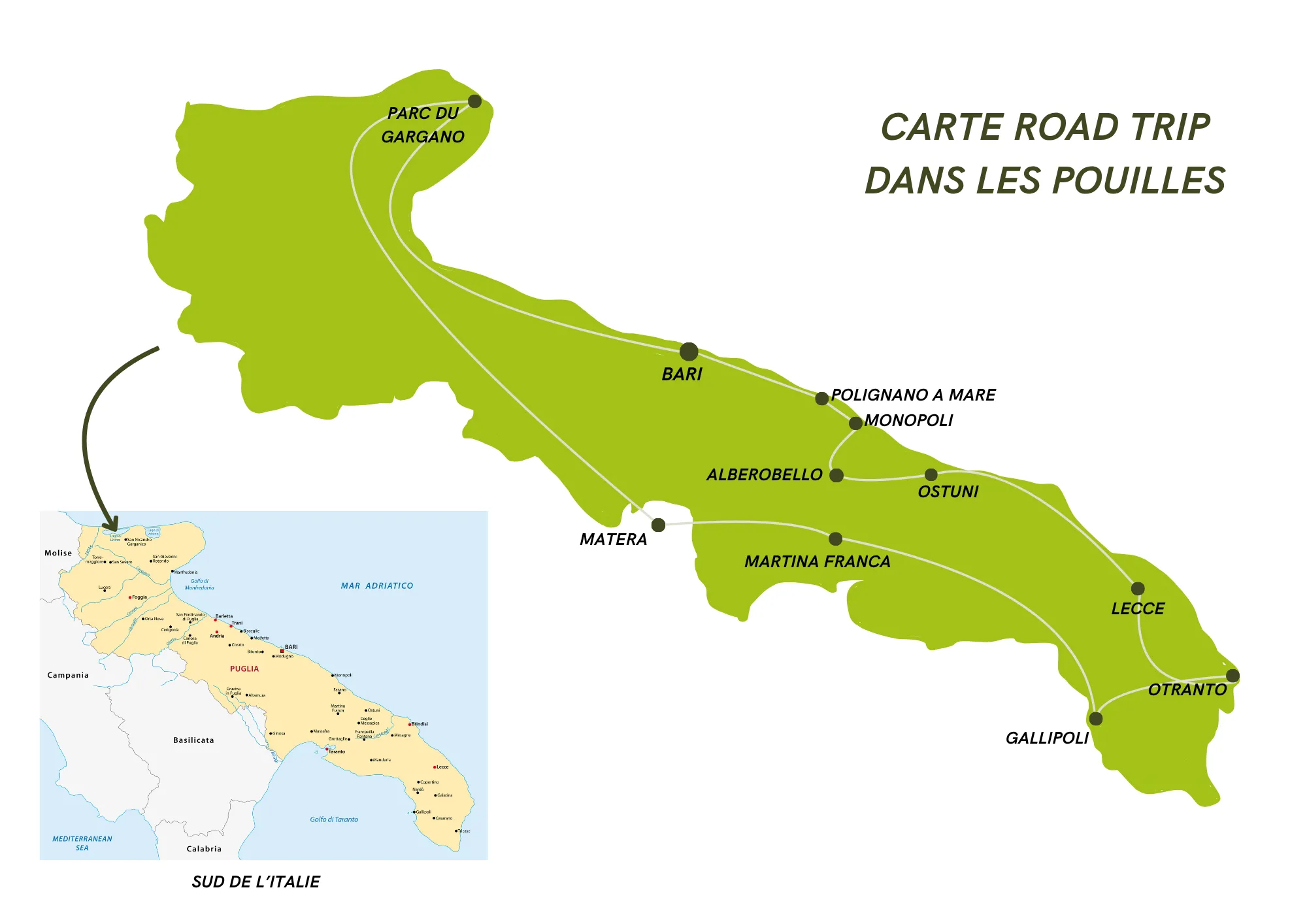 Carte de l'itinéraire d'un road trip dans les Pouilles Carte road trip dans les Pouilles