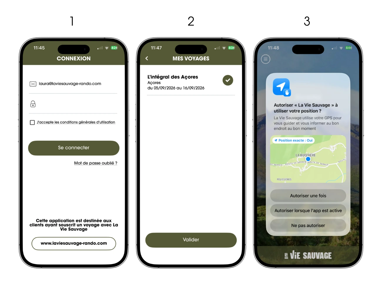 étape de connexion application randonnée guidage la vie sauvage