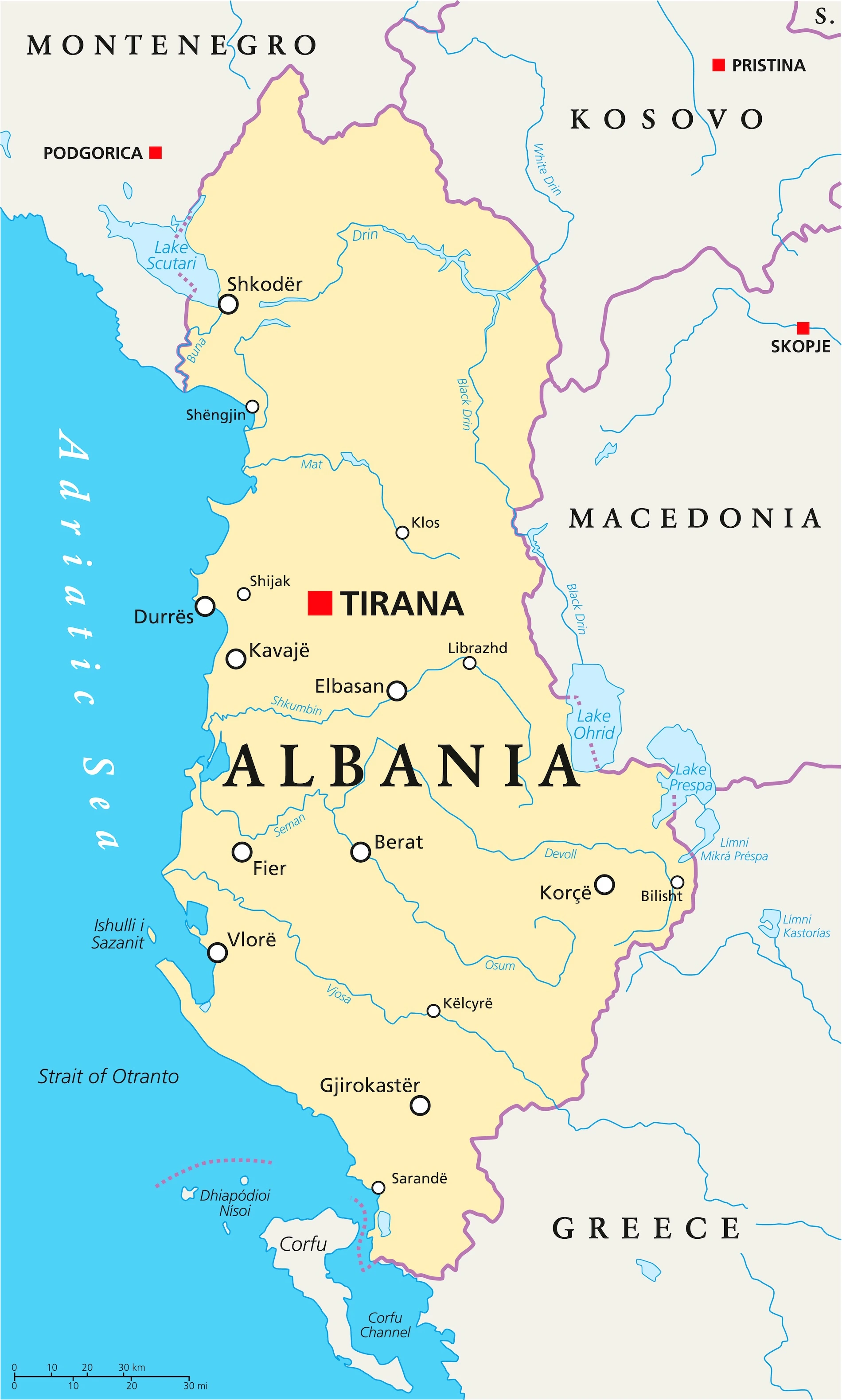 Carte de l'Albanie villes principales
