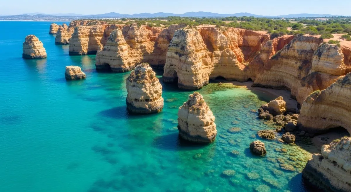 aerial drone view of ponta da piedade cliffs