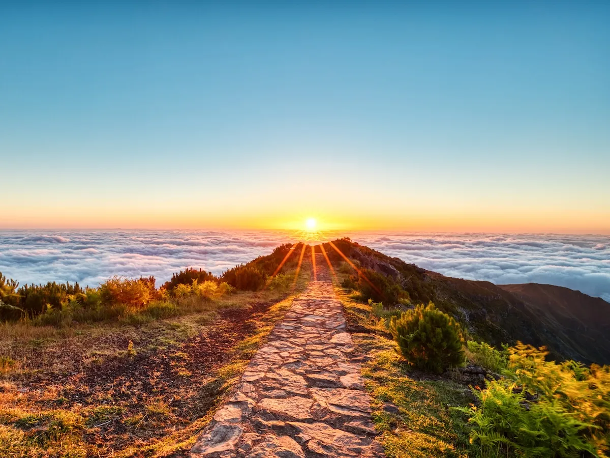 view form the highest p1eak of madeira pico ruivo at sunrise