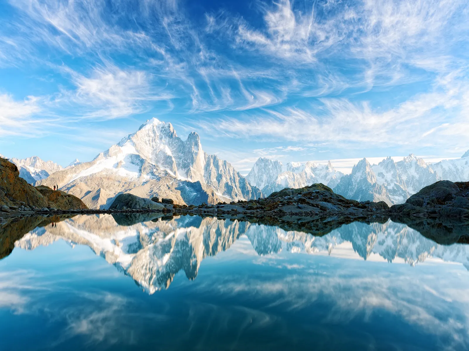 incredible view of clear water and sky reflection on lac blanc lake in france alps monte bianco mountains range on background chamonix fral135