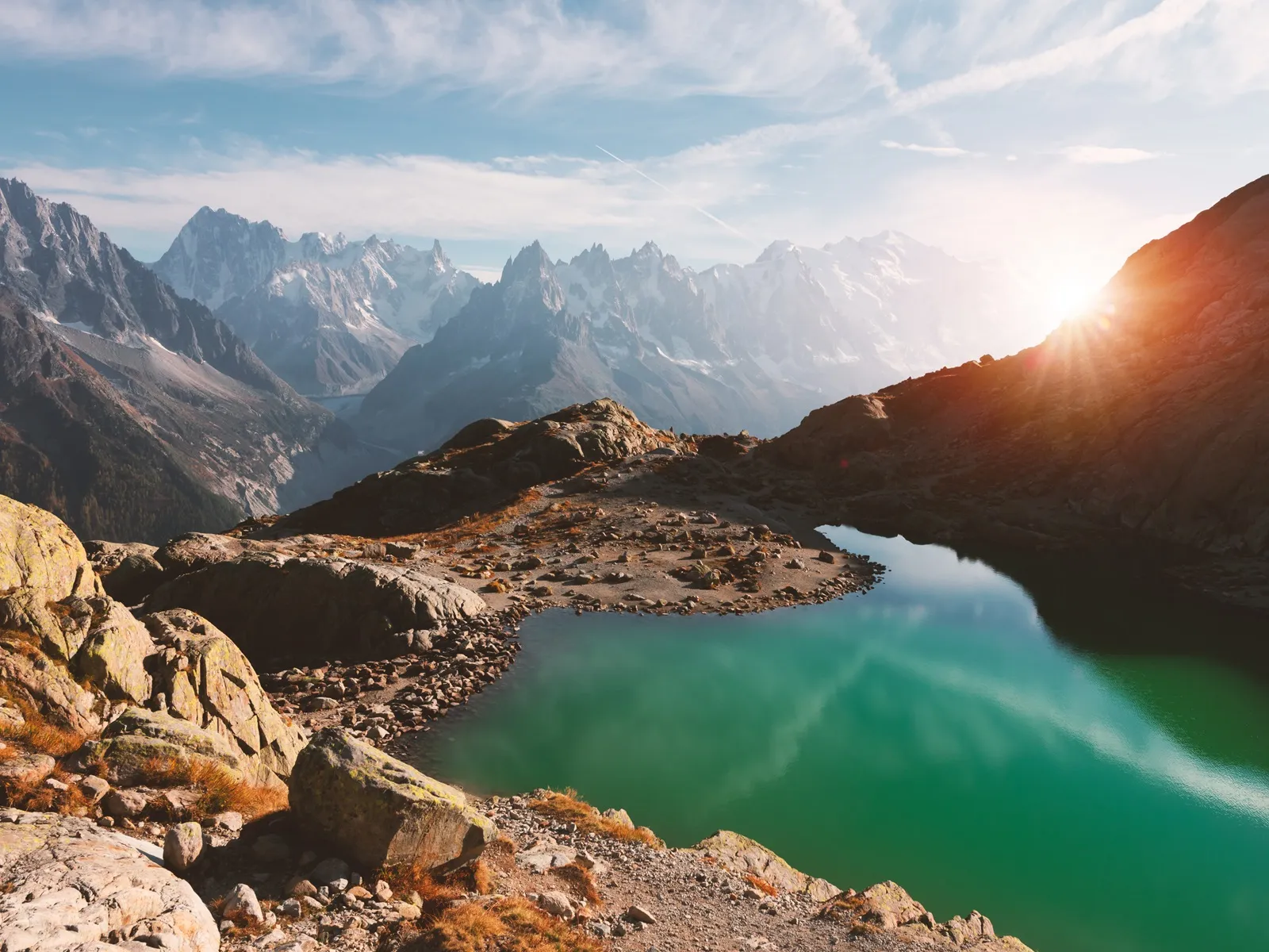 incredible view of clear water and sky reflection on lac blanc lake in france alps monte bianco mountains range on background chamonix fra509