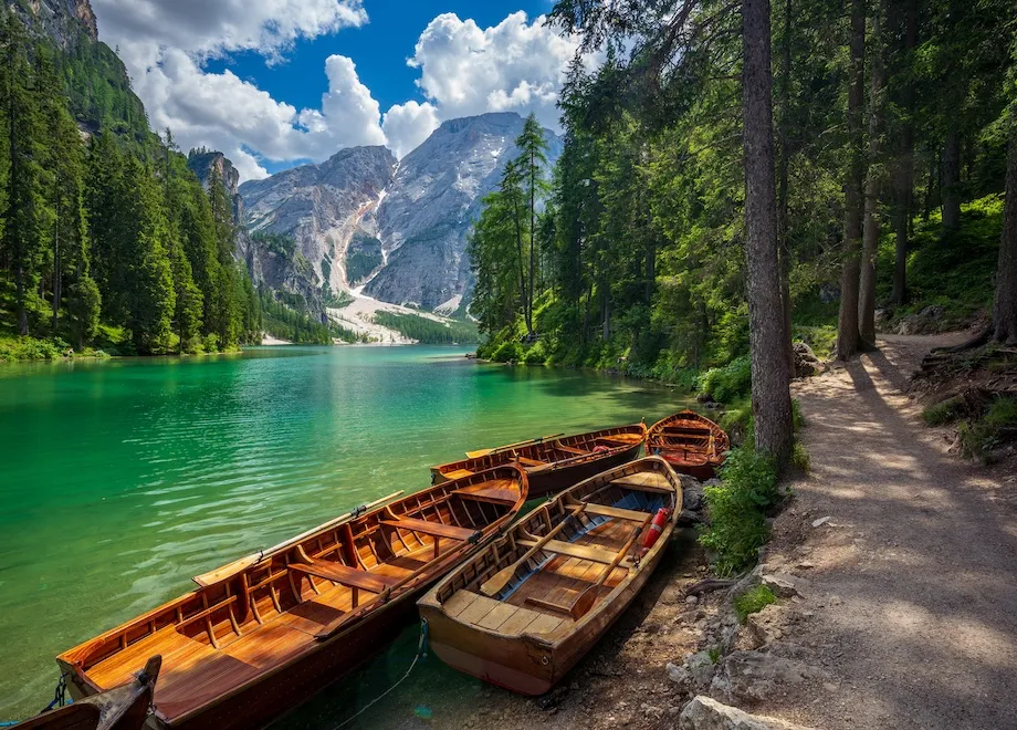 wooden boat at lake braies southern tyrol dolomites italy copie