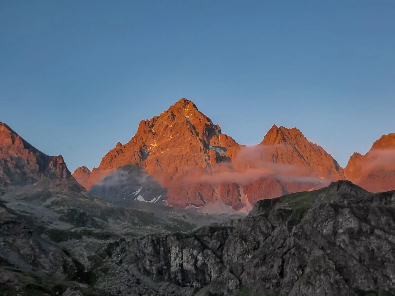 scenic sunrise view of mountain summit monte viso in the cottian alps piemonte
