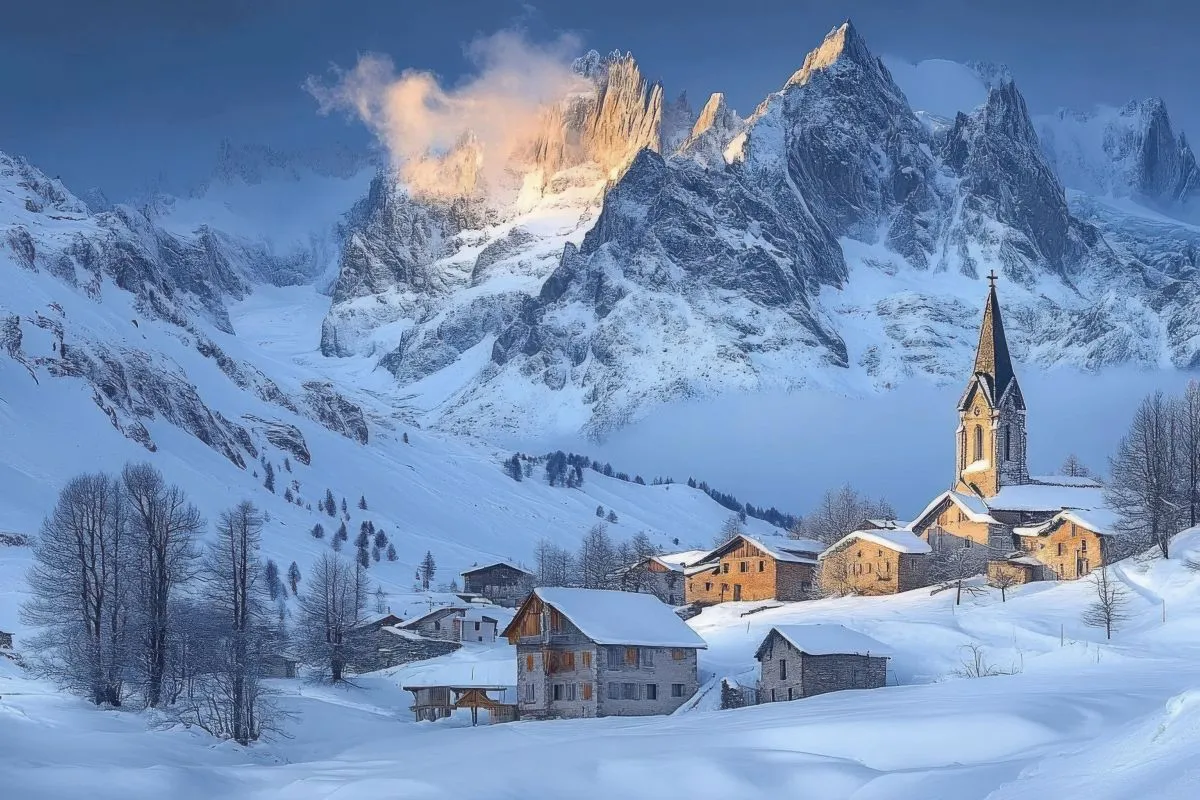 la grave hautes alpes ecrins national park winter landscape of la grave village with la meije mountain peak