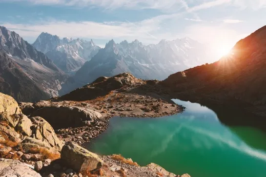 incredible view of clear water and sky reflection on lac blanc lake in france alps monte bianco mountains range on background chamonix fra509
