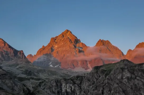 scenic sunrise view of mountain summit monte viso in the cottian alps piemonte